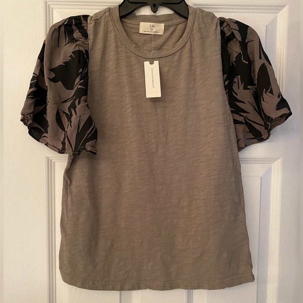 Anthropologie t.la Puffy Camo Women’s Brown Green Moss Cotton Sleeve Tee Size XS - Picture 2 of 11